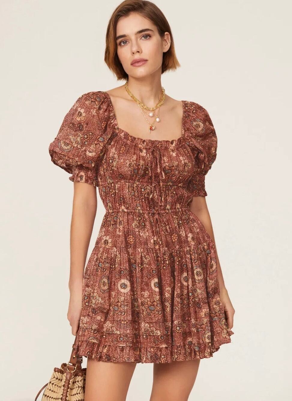 Ulla Johnson Juniper Mini Peasant Dress Red Feminine Floral Puff Sleeve 0 XS